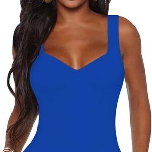 BelleLovin Women's Blue Sweetheart Square V Neck Tank Top Bodysuit Medium